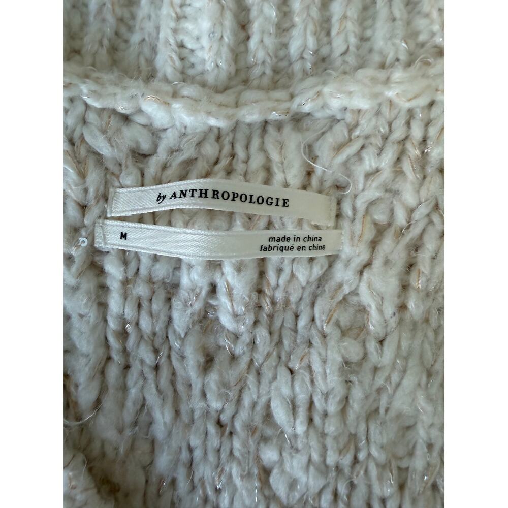 Anthropologie Shaggy Fringe Cable Knit V-Neck Metallic Sweater M - Picture 2 of 6
